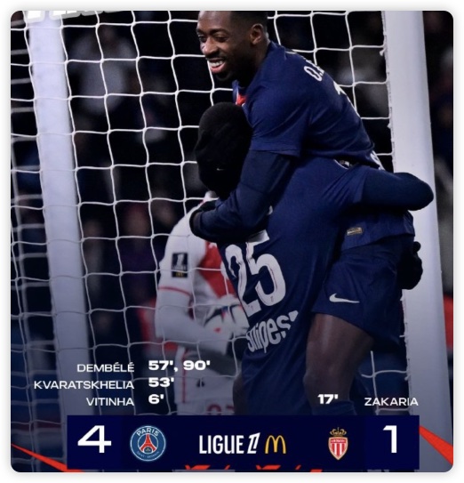 KK处子球登贝莱梅开二度 巴黎4-1摩纳哥13分领跑