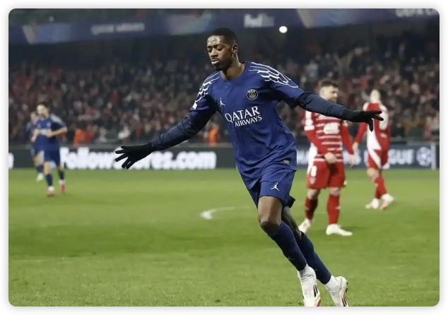 巴黎3-0布雷斯特占先机 登贝莱双响+造点&8场轰15球